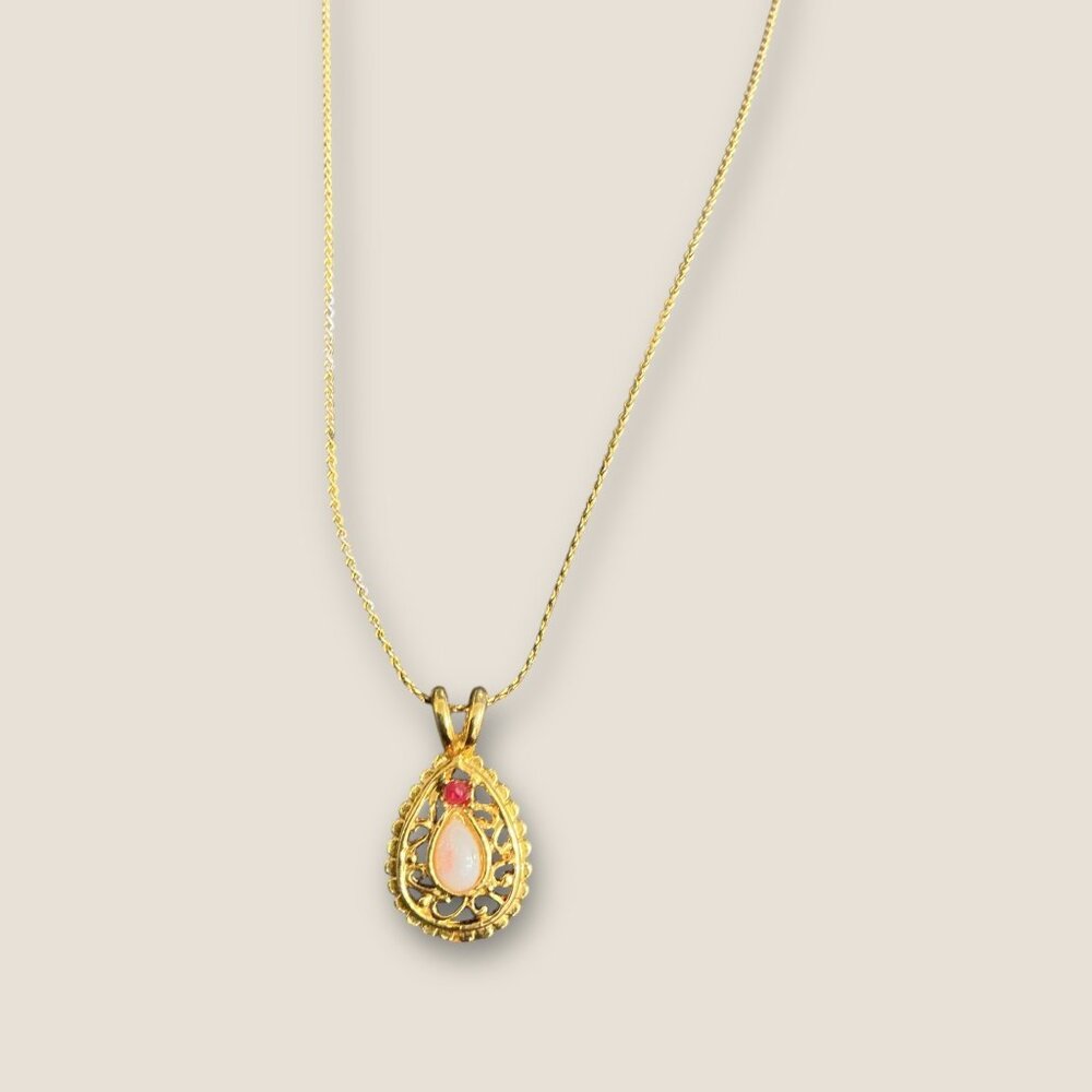 Vintage Gold-Tone Necklace Opal & Ruby Teardrop Pendant 18 Inches Long Jewelry